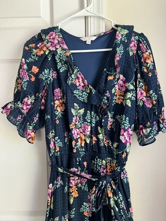 LC Lauren Conrad Navy Blue Floral Cottagecore Maxi Ruffle Tie Waist Dress Large - Picture 4 of 12